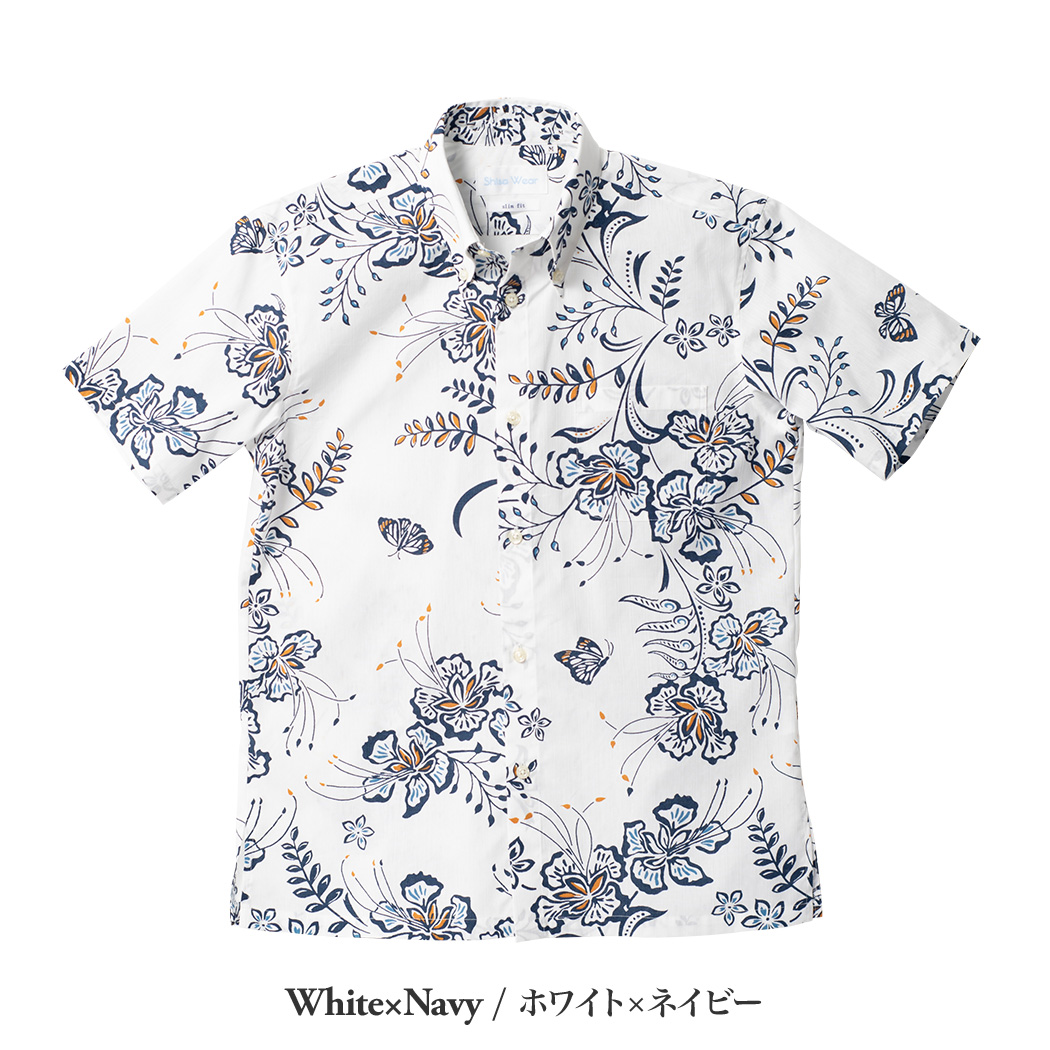 かりゆしウェア（沖縄版アロハシャツ） MAJUN - オオゴチョウアクセント