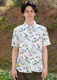 【美品】マジュン かりゆし 首里界隈を地図タッチ風に描いたユニークなデザイン シュリマップ | かりゆしウェア（沖縄版アロハシャツ）専門店
