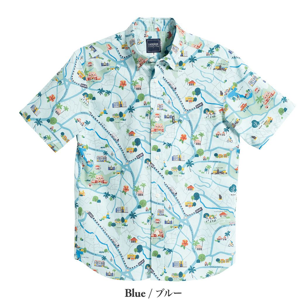 【美品】マジュン かりゆし 首里界隈を地図タッチ風に描いたユニークなデザイン シュリマップ | かりゆしウェア（沖縄版アロハシャツ）専門店