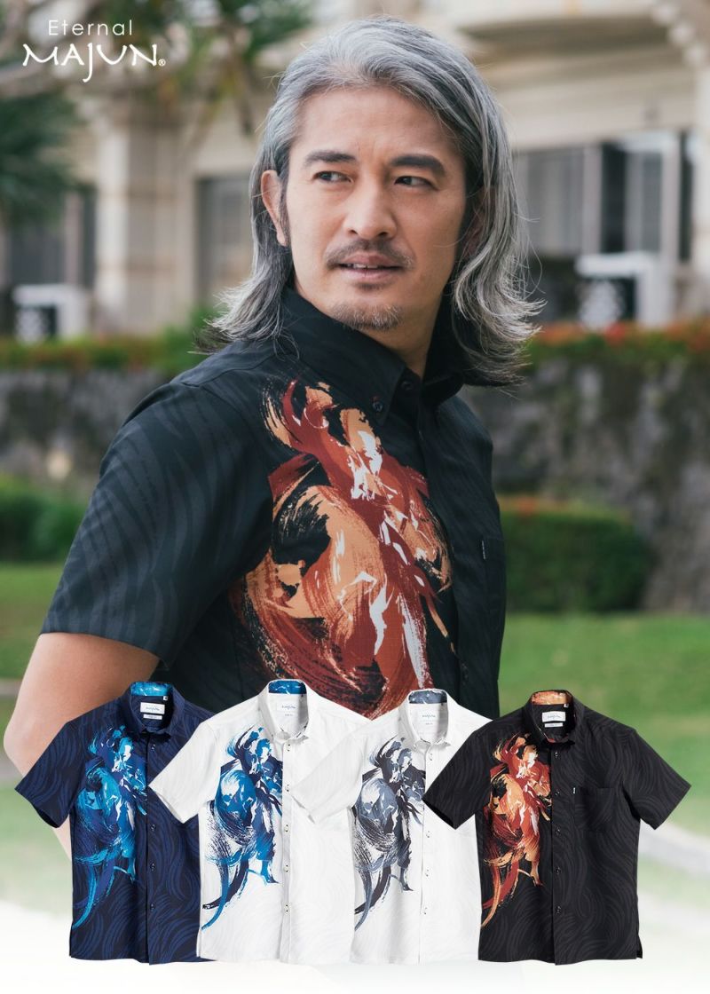 スペシャル特典 新品 沖縄 MAJUN スリムフィット かりゆしウェア 空手柄 Lサイズ トップス