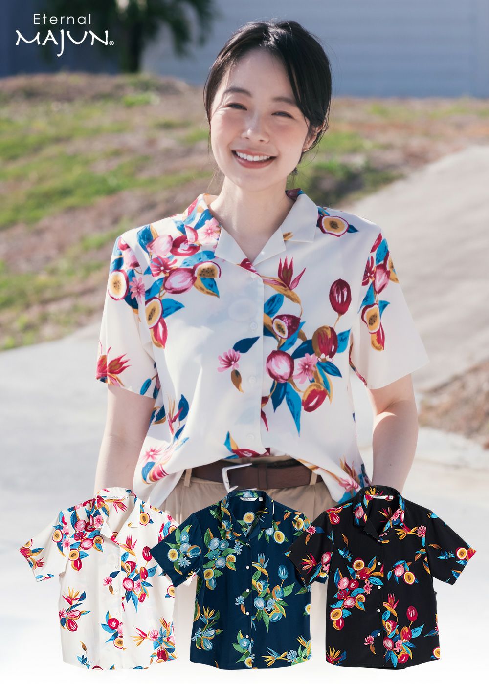半袖シャツ | かりゆしウェア（沖縄版アロハシャツ）専門店：MAJUN OKINAWA WEB STORE [エメラルドアイランド] かりゆしウェア  レディース 沖縄産アロハシャツ ツルラン小花柄 丸首半袖シャツ リップル加工 【美品】エメラルドアイランド かりゆしウェア 大きいサイズ ...
